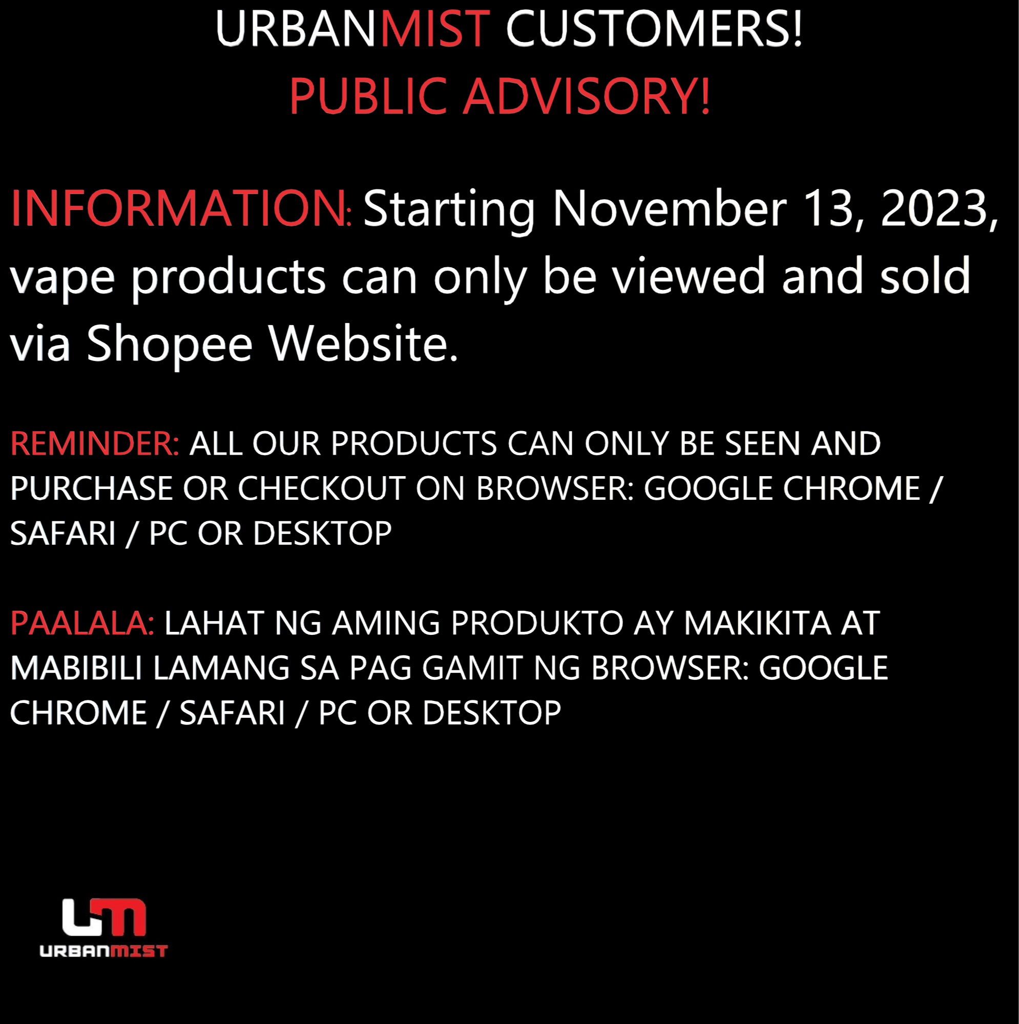 URBAN MIST TRADING OPC Online Shop Shopee Philippines