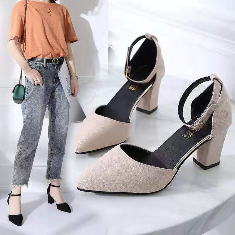 Korean Women Pointed Closed Toe Block Heels Sandals Shopee