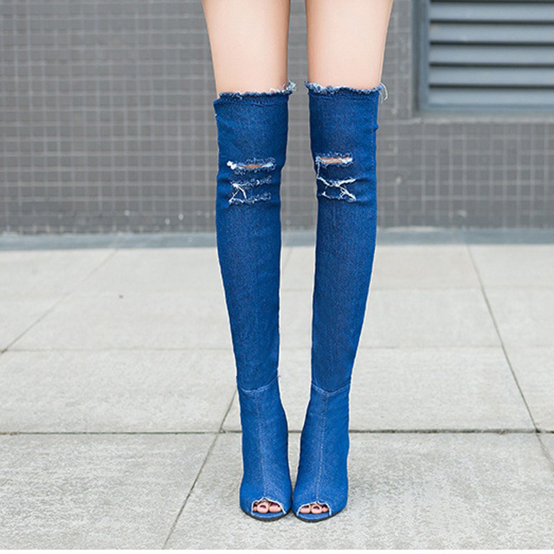 Denim peep toe hot sale thigh high boots