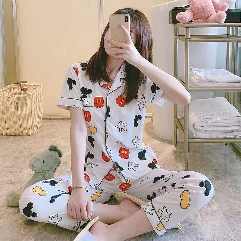 DanceeMangoo Short Sleeve Silk Pajamas Set Cute Flowers Print Sleepwear  Summer Saft 4XL 5XL Spring Women Nightwear Casual Home Clother