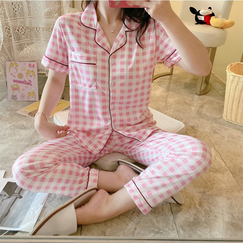 Women Korean Checkered Plaid Pajama Set Button Down Top and Short Sleeves  Pink Gray Red Sleepwear
