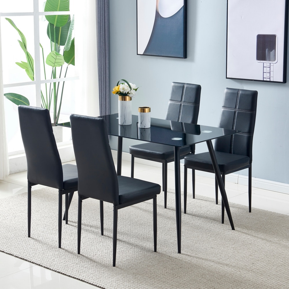 Dining Table Chairs Set Include 1 Black Rectangle Glass Dining