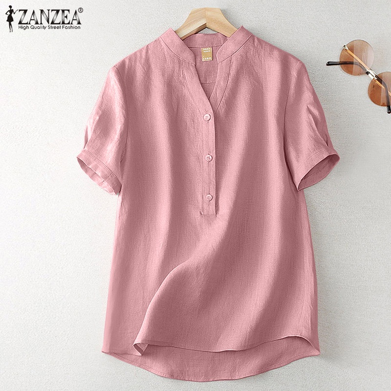 ZANZEA Women Short Sleeve Summer Casual Work Solid Color V-Neck