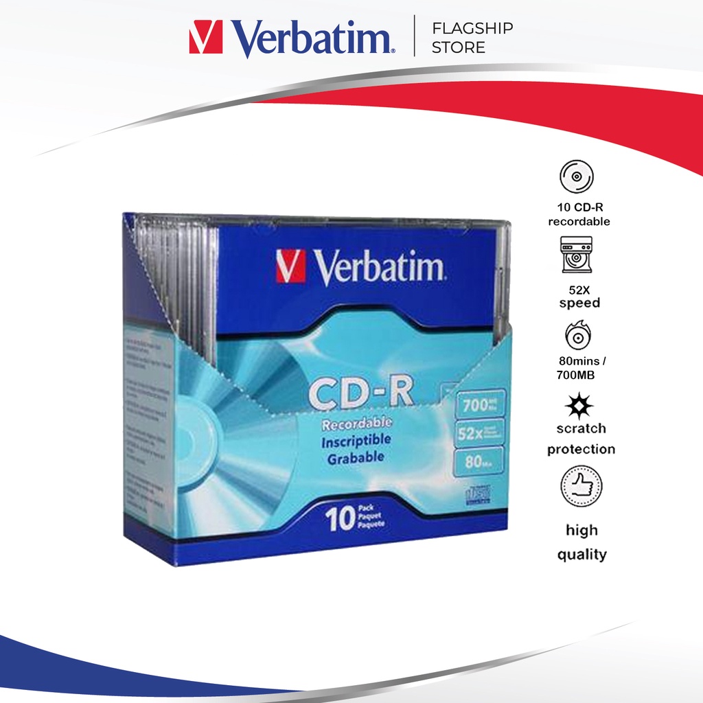 Verbatim CD-R 700MB 80 Minute 52X Recordable Blank Disc 10 Pack