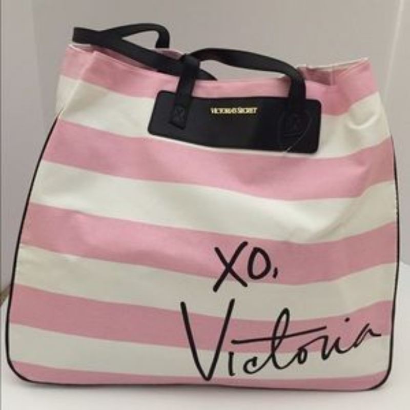 Victoria Secret Limited Edition Xo Striped White/Pink Canvas Tote