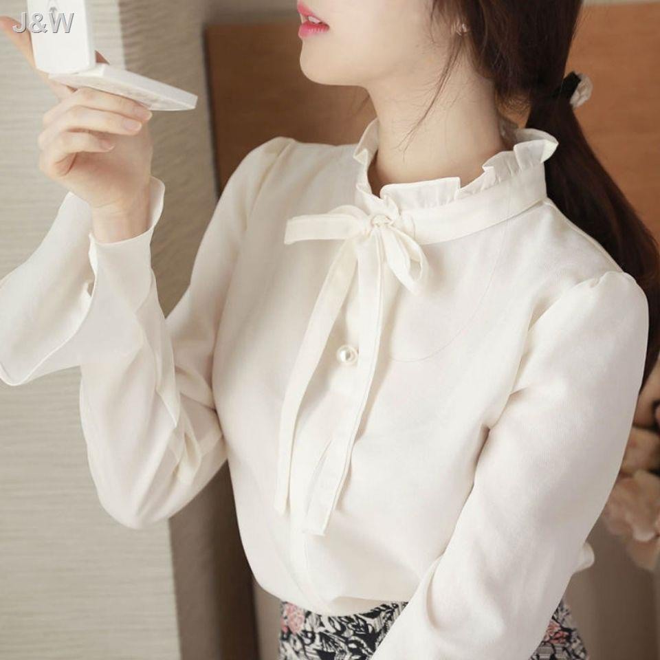 Bow Tie Tops Women Korean Style Design Clothes Flare Sleeve Elegant Office  Lady Cute Ribbon Sweet Basic Shi…