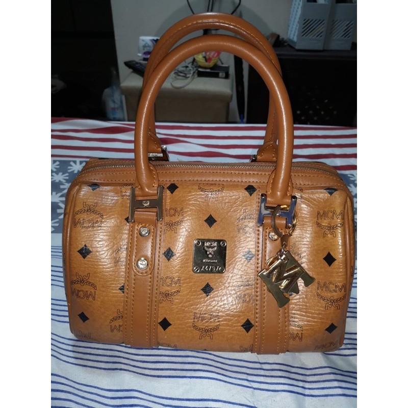 MCM Visetos Cognac Monogram Logo Speedy 25 Boston Bag