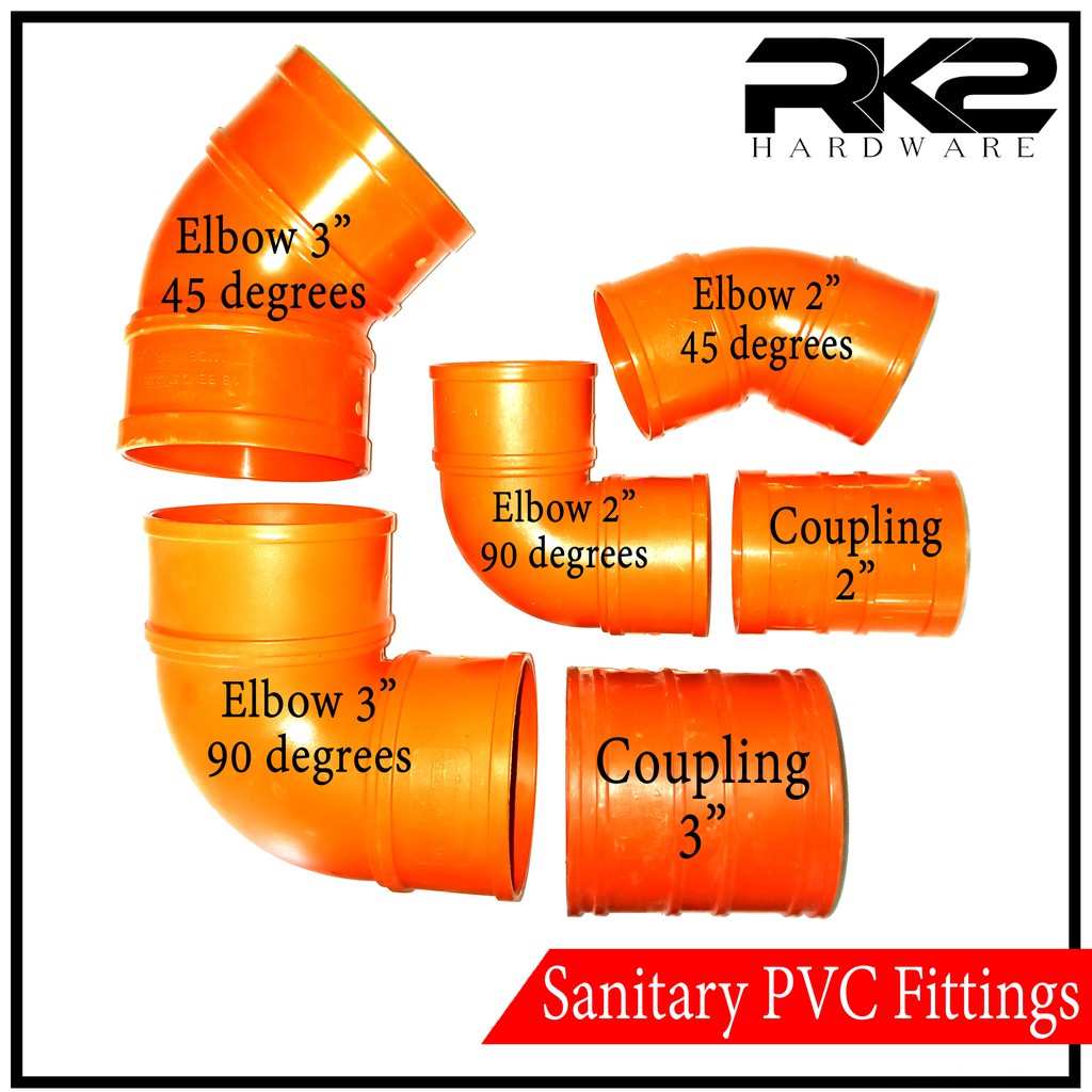 Orange PVC Sanitary Fittings, Elbow 45 & 90 degrees, Coupling, Sizes: 2  & 3
