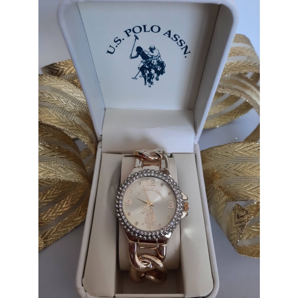 U.S. POLO. ASSN. LADIES GOLD EMBELLISHED CHAIN BRACELET WATCH