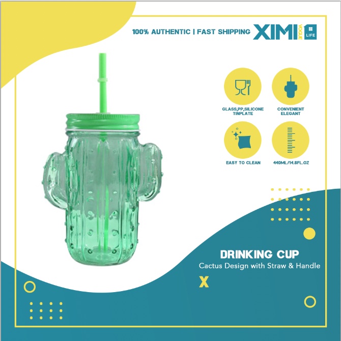 Colored 420ml Cactus Shaped Glass Mason Mug with Straw Lid for