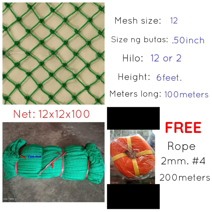 Range net 12x12x100 .50inch 6feet. 100meters poly net use for fish cage  fishing or bunsod
