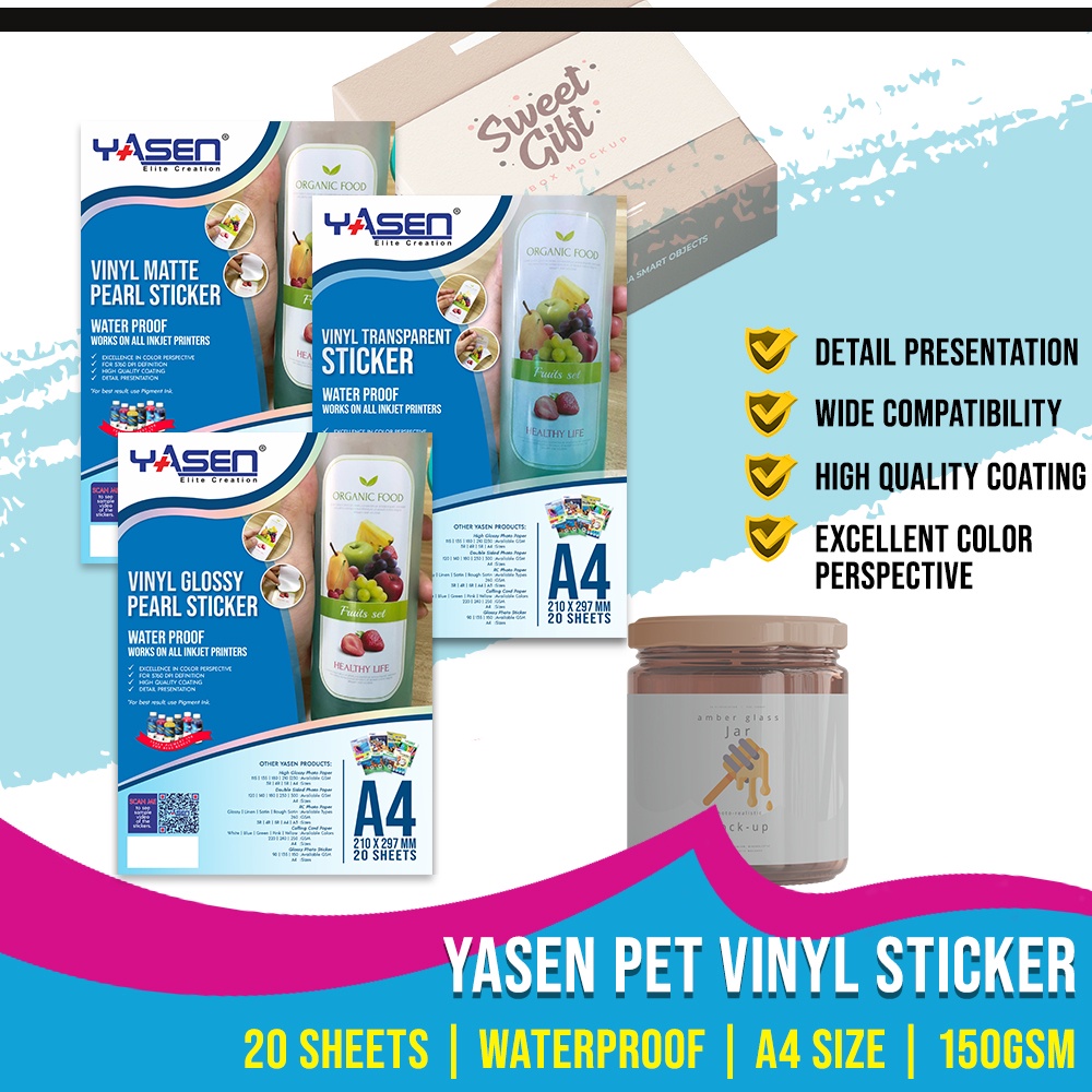 Yasen PET Vinyl Sticker Printable Label Paper A4 150GSM Waterproof