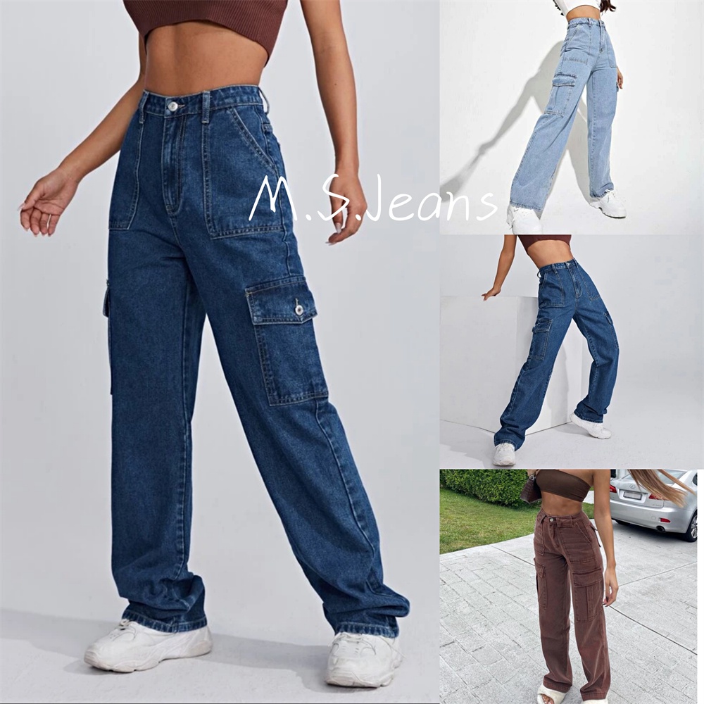 Unisex Multi Pocket CARGO WIDE LEG PANTS Loose High Waist Boyfriend Jeans  Ladies Straight Pants