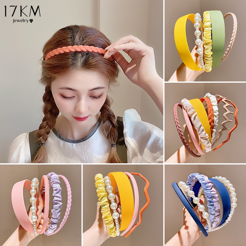 17KM 8Pcs/Set Korean Macaron Pearl Headband Woman Colorful Ribbon Hair Band  Wash Face Headbands Headdress Fashion Hair Accessories