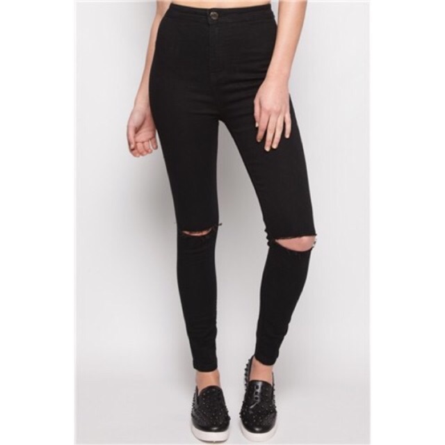 High waisted black 2024 knee cut jeans