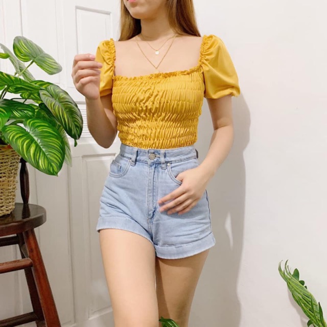 Plain Puff Sleeves Crop Top (Body Hugging/Free size)