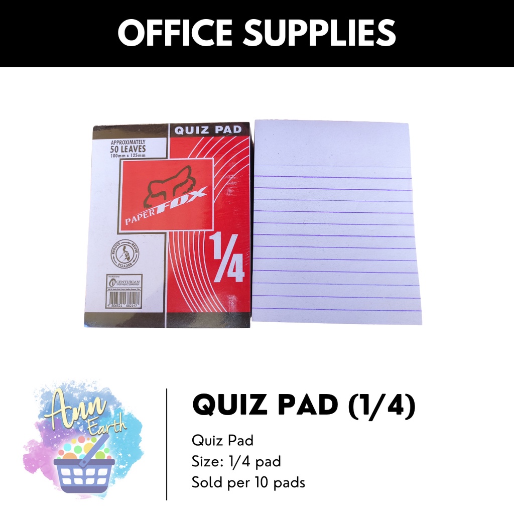 PAPER FOX Quiz Pad 1/4, Stationery School Supplies