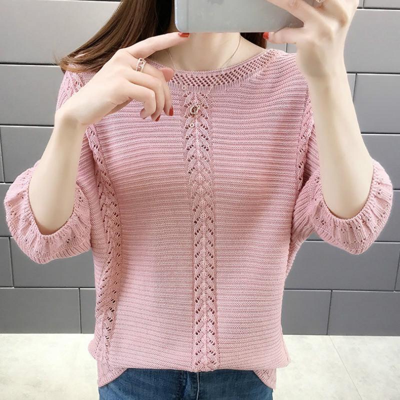 Thin Knit Sweater T shirt Women Round Neck Five point Sleeves