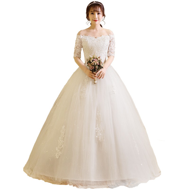 Half Sleeve Off Shoulder Lace Flower Wedding Bridal Gown Shopee