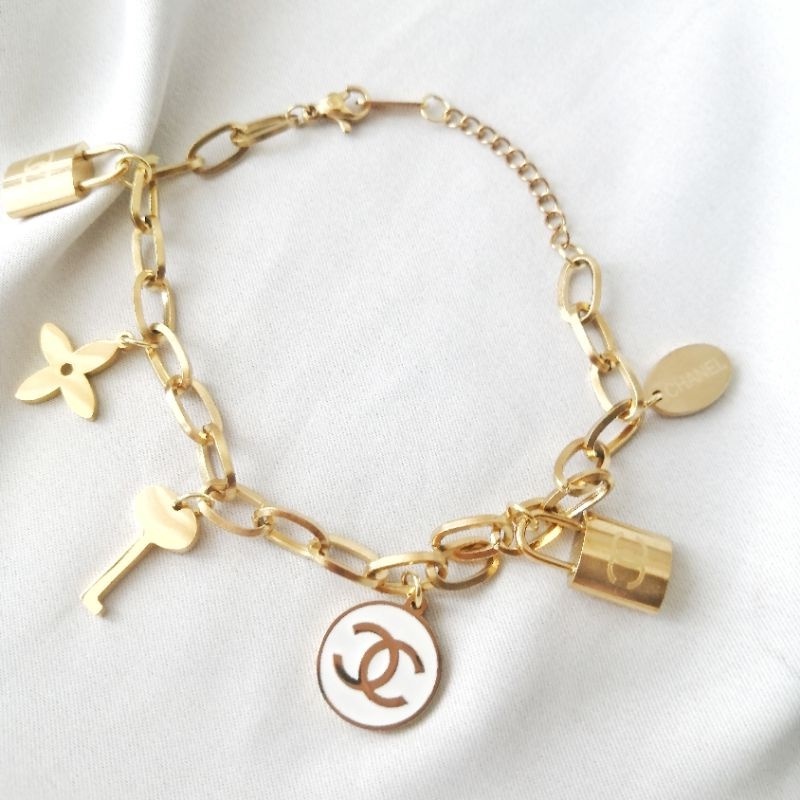 White Chanel Lock Key Gold Chain Bracelet Fancy Luxury Brand High