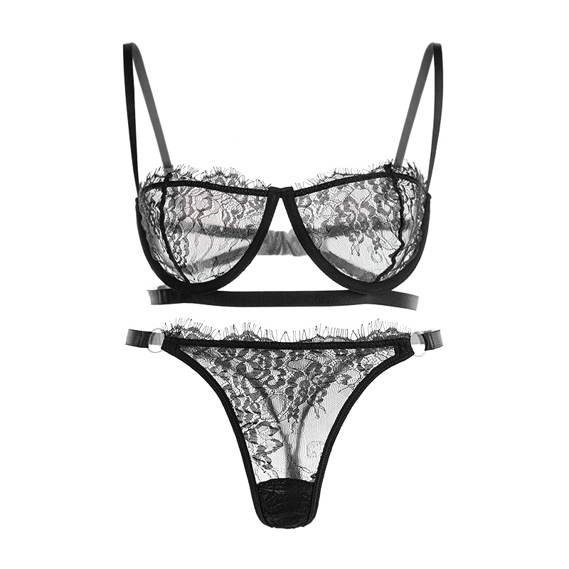 Varsbaby Women Ultra-thin Floral Transparent Underwear Sexy Lace Lingerie  and T-thong Bow Half Cup Bra Sets V801