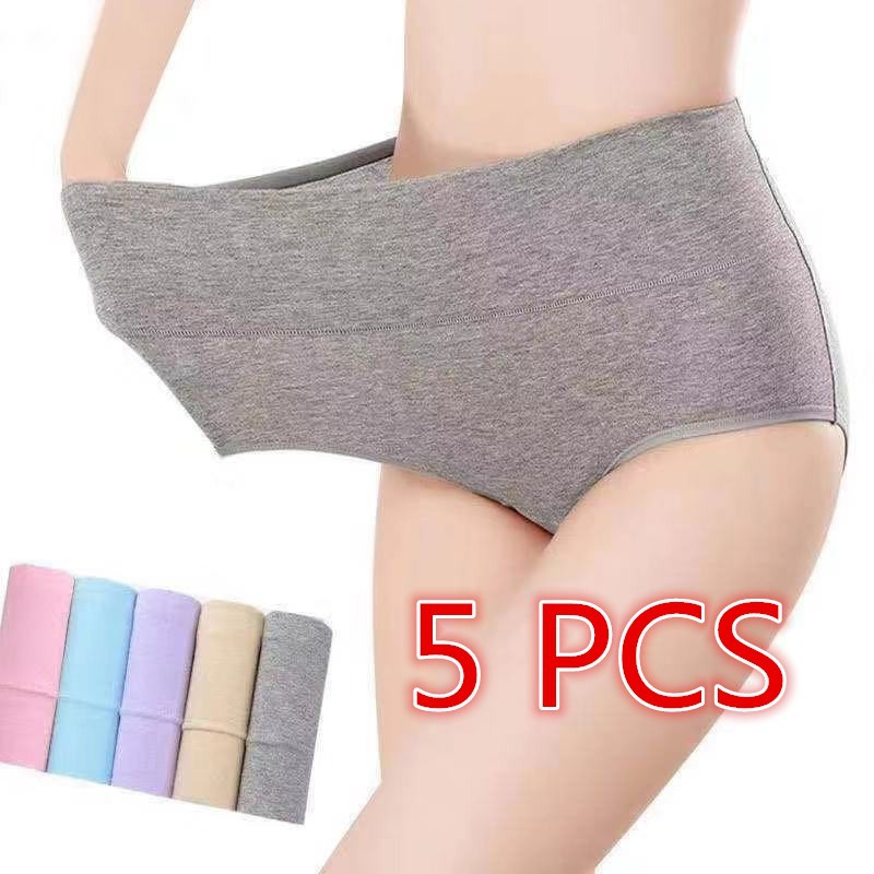 5PCS High Waist Panty Plus Size Panties Women Cotton Crotch Antibacterial  Underwear Tummy Control Elastic Breathable Briefs