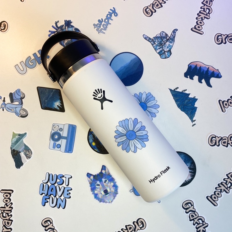 White hydro flask hot sale with blue stickers