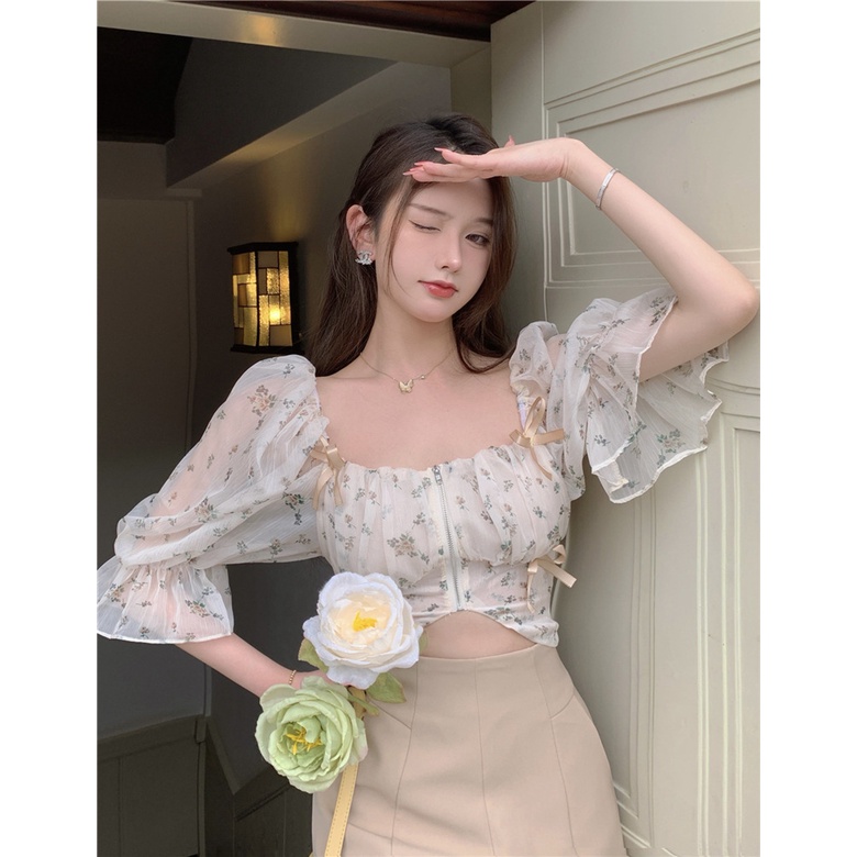 Ready Stock】Women Chiffon Puff Sleeve Crop Top Floral Short