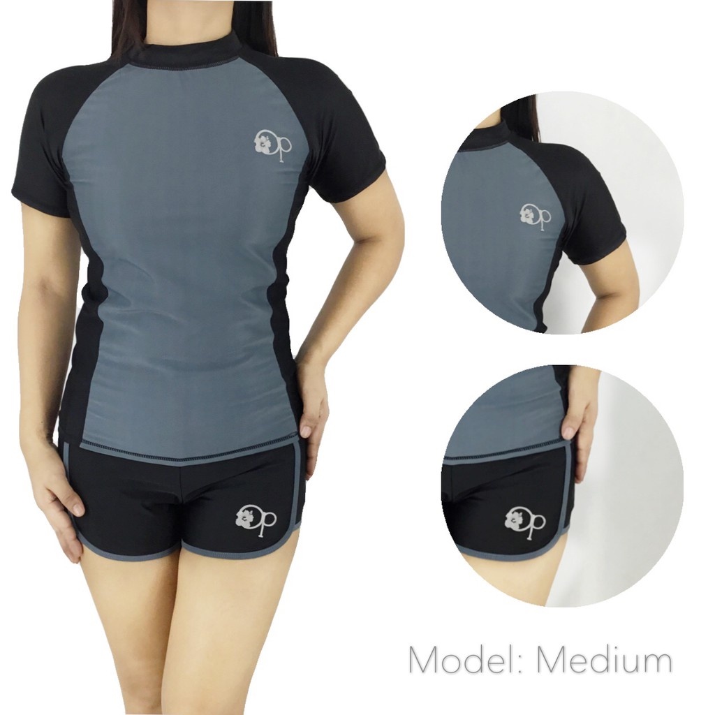 121 VF Women's Short Sleeve Rash Guard Two Piece Sun Protection Swim Shirt  & Shorts Swimwear