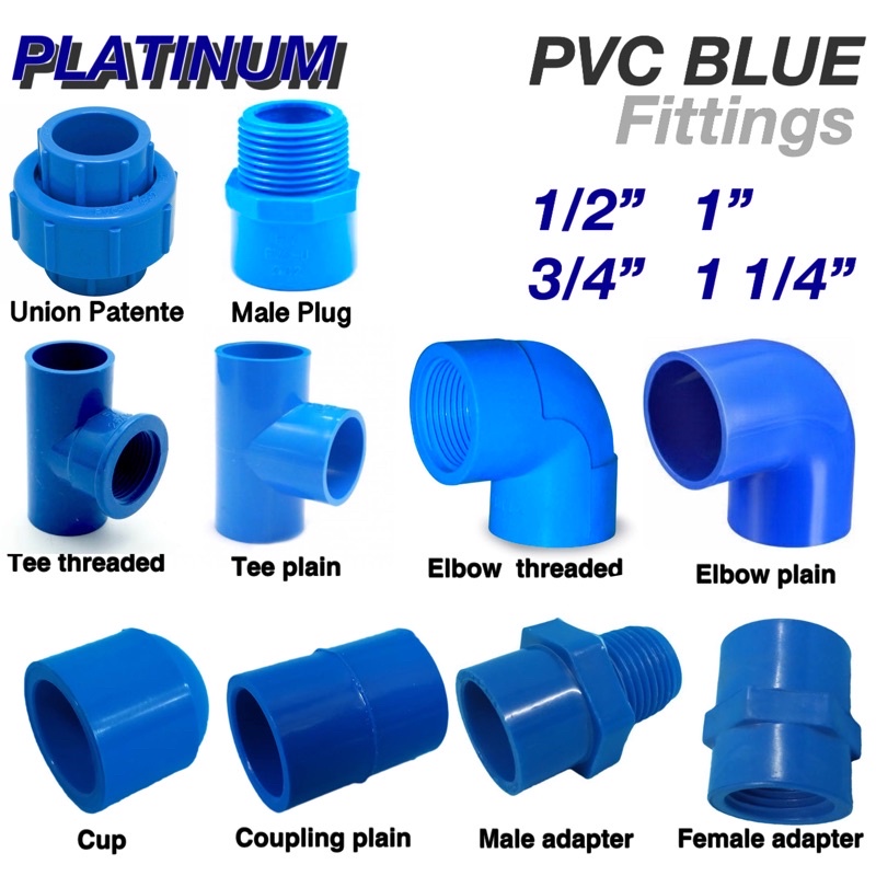 PVC Blue Fittings, 1/2 3/4 1” 1 1/4