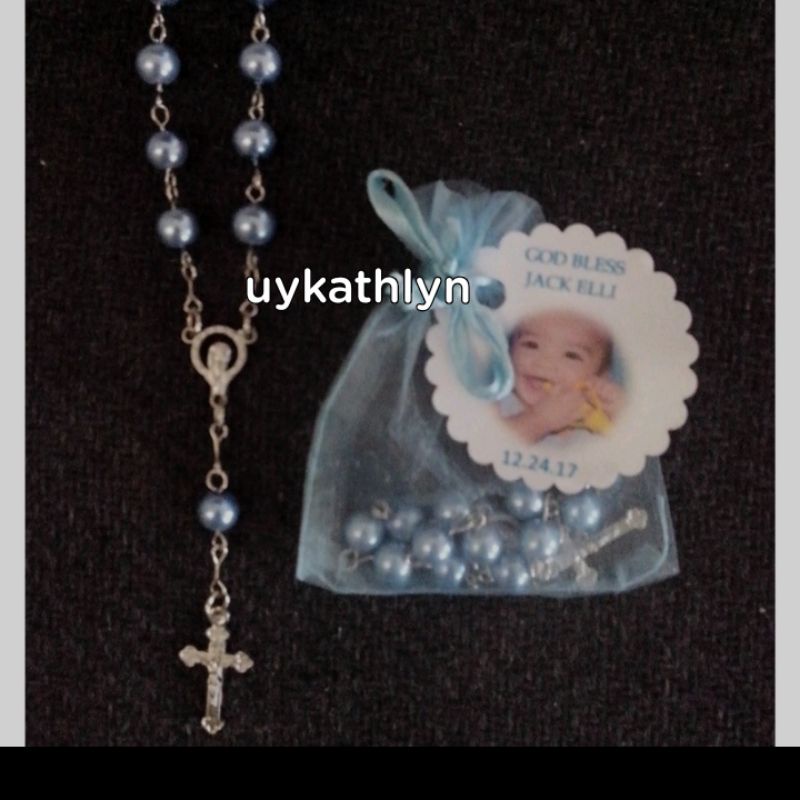 Pearl Pocket rosary with pouch and tag Souvenirs baptismal
