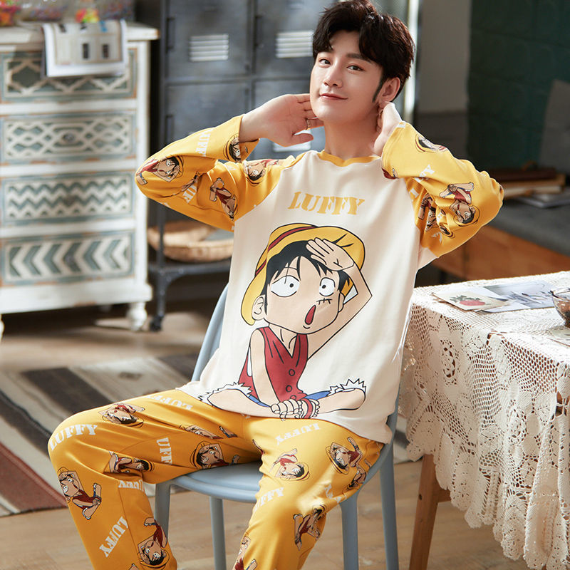 insCartoon Pyjamas Men's Long Sleeve Pajama Set Home Wear Sleeping Pants  One Piece Luffy Youth Sleep