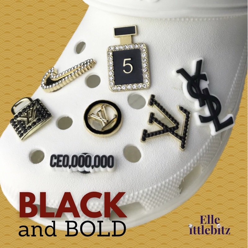 𝐄𝐋𝐋𝐄 Black and Bold ‼️NON-TARNISH‼️ Designer Metal Jibbitz for Crocs  shoe charms Accessories