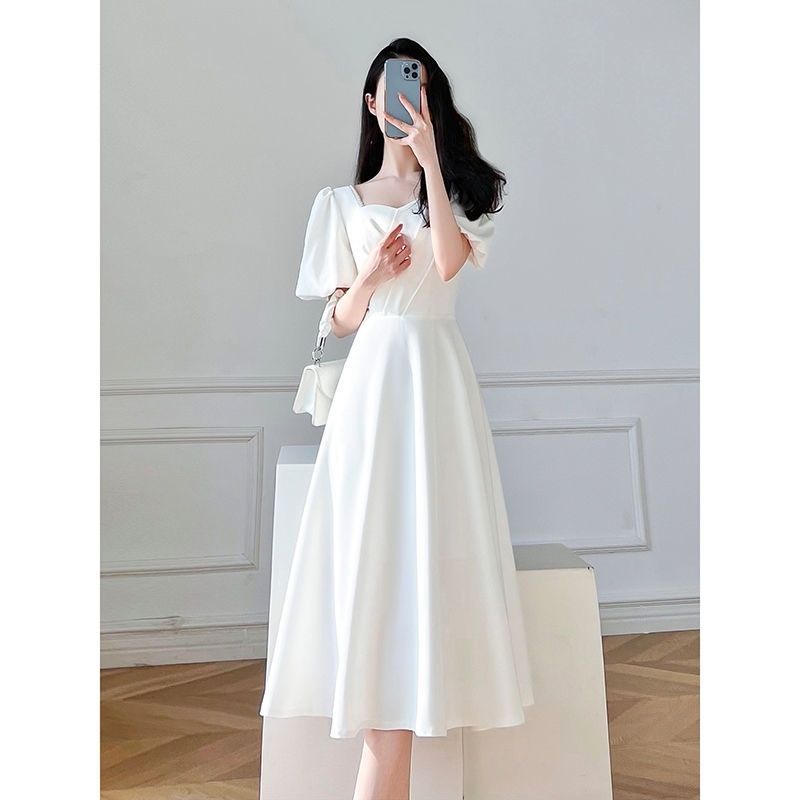 New French Elegant Style White Dresses for Women Gentle Beaded Square Neck  Chic Jacquard Fashion Dress Fall Retro Vestidos Mujer