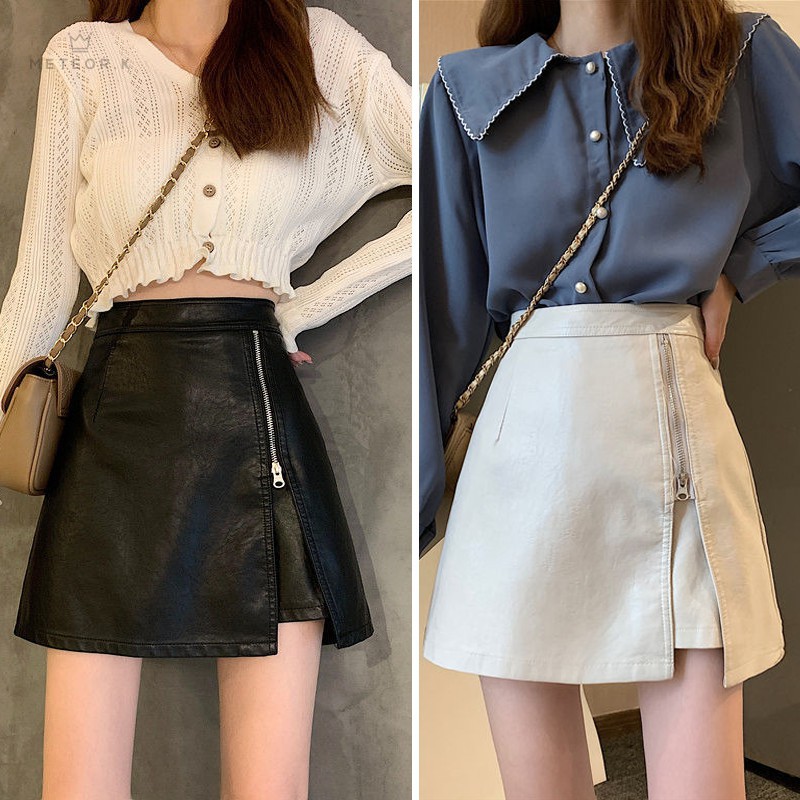 Leather skirt mini skirt short skirt A line skirt Korean style