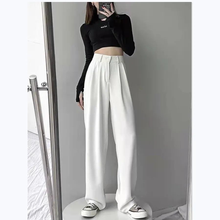 High Waist Trousers Women Loose Straight Slimmer Look Spring Summer Drape  Versatile Floor Pants Casual White Wide-Leg