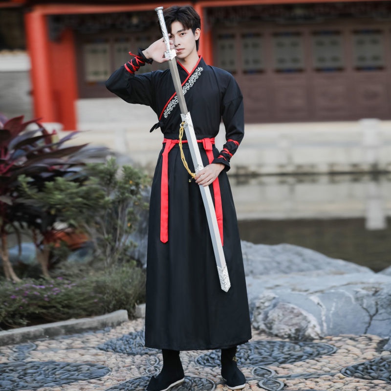 Chinese Hanfu Jin Yiwei Mens Embroidery Printed Swordsman Samurai Costume