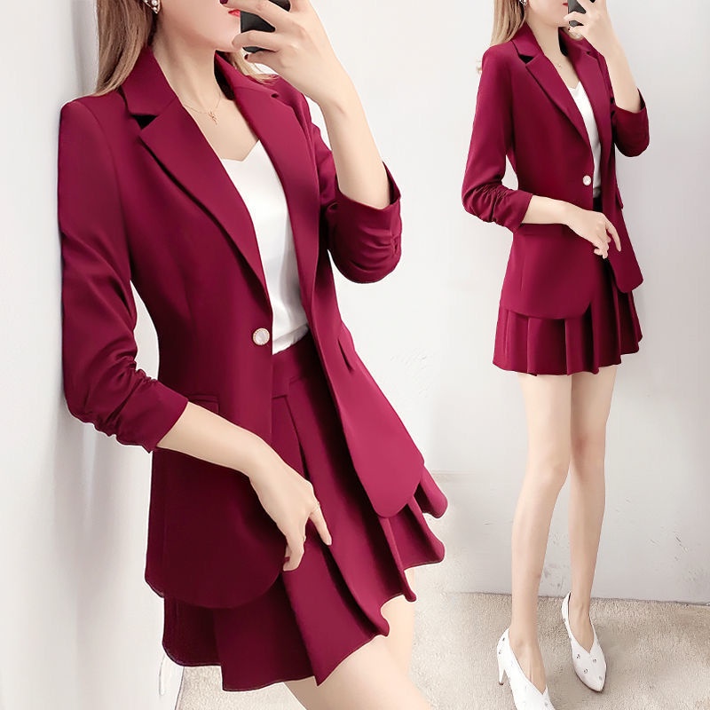 New Style Ready Stock] Red Suit Women's Skirt Spring Fashion Classy Small  Jacket Pleated Two-Piece | Shopee Philippines