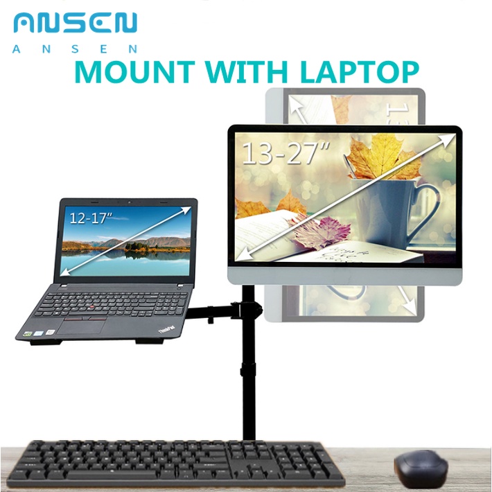 Ansen Dual Monitor Mount Bracket With Laptop Stand Tray Adjustable