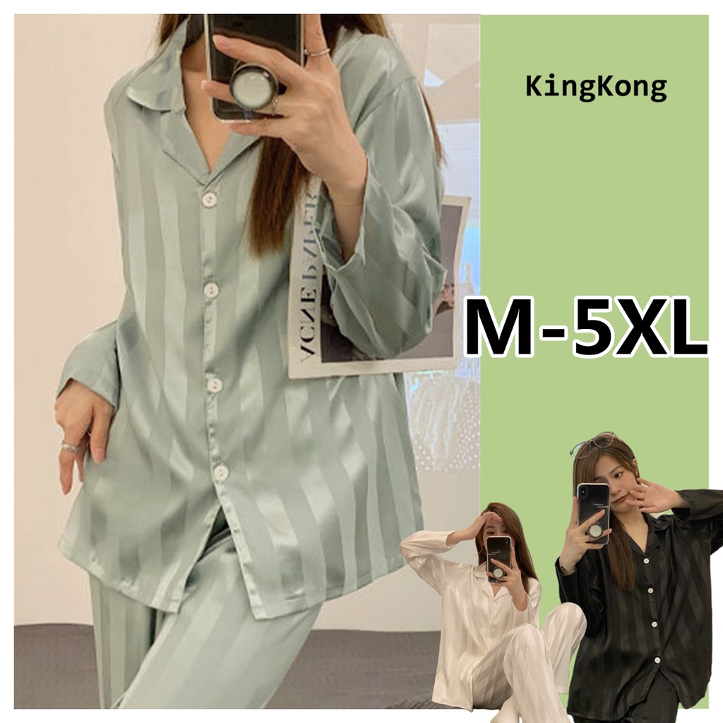 3XL-5XL Big Size 150KG Striped Satin Pajamas Set Men Autumn Spring Long  Sleeve Blouse and Pants Slik Night Wears for Man Pijama