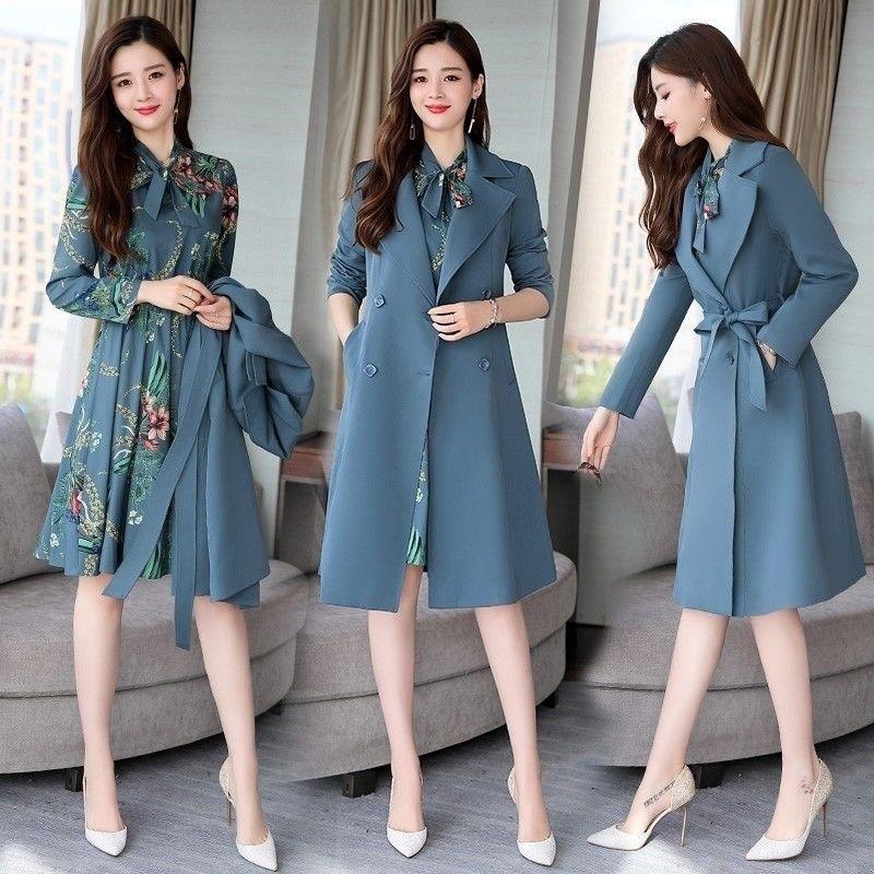 Trench Coat Slim OL Ladies Trench Coat Women Dress Women Windbreakers Plus  Size Two Pieces Women Sets Trench Coats