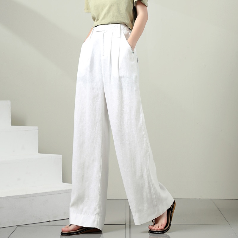 Womens Linen Pants High Waisted Wide Leg Drawstring Loose Ankle Length  Trousers