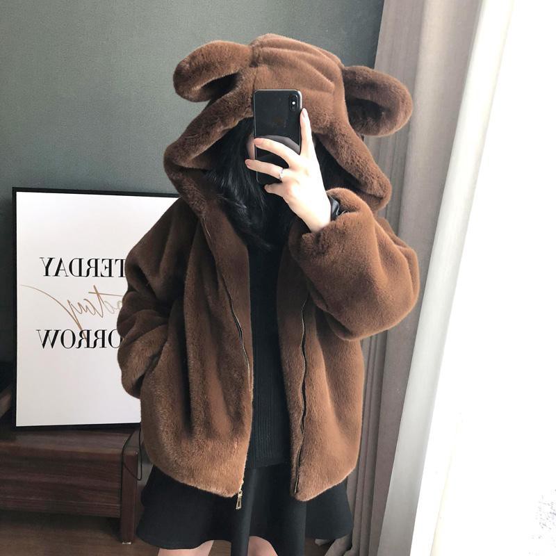 Faux fur hooded hot sale coat with ears