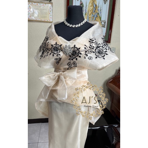 Wraparound Modern Filipiniana Black Embroidered and Spaghetti Base