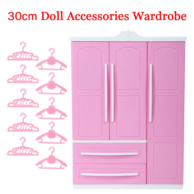 1 Set Mini Plastic Closet Doll Wardrobe with Mirror + 10 Pink Hangers  Accessories for Doll Bedroom Set Baby Girl DIY Toys