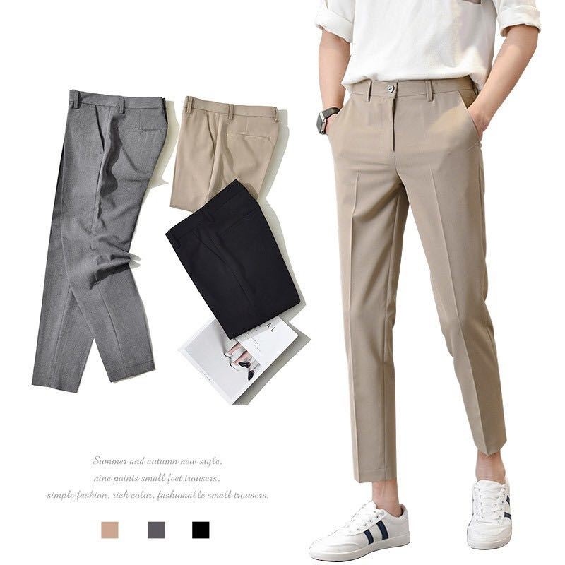 Men's Pants Korean Fashion Slim Fit Business Casual Long Trousers Summer  Size D