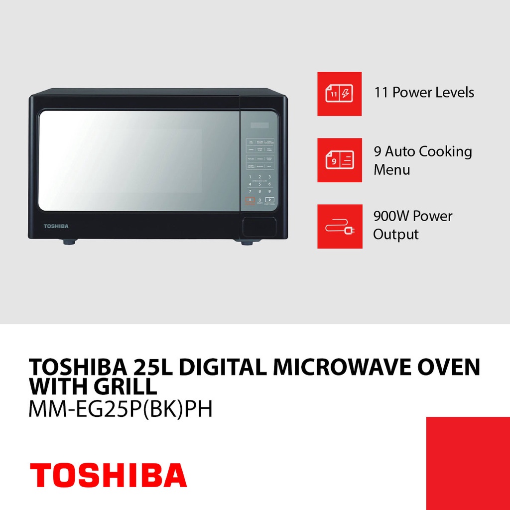 Introducing the new Toshiba Microwave Oven of 20L and 25L with the defrost  function, multi-level heating, easy-to-use control panel and 1 year  warranty., By Jamara Home