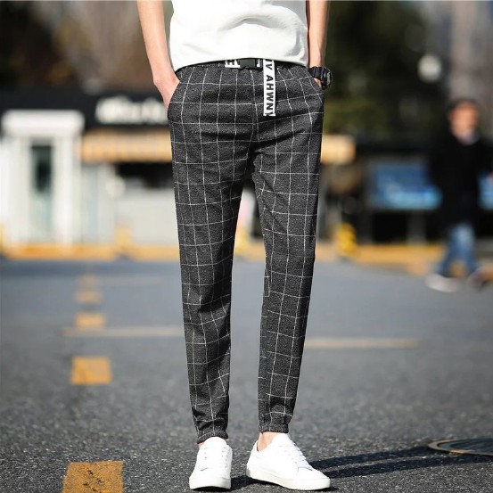 Fashion Men's Casual Plaid Pants Cotton Slim Fit Trousers