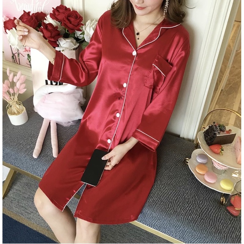 High Quality Satin Long Sleeves Dress Sleepwear