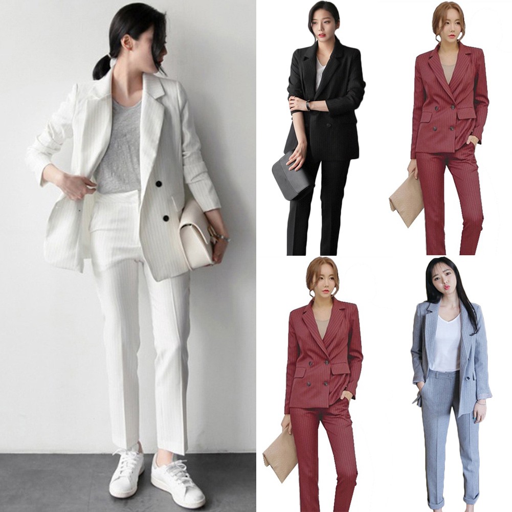 Women Sets】New Korean Style Ol Suit Stripe Suits Two Piece Women Formal  Slim